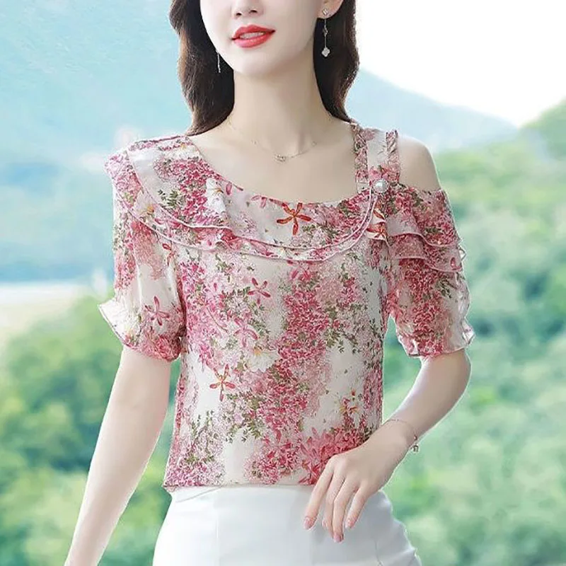 Fashion Printed Spliced Ruffles Off Shoulder Floral Blouse Women's Clothing 2023 Summer New Casual Pullovers Office Lady Shirt