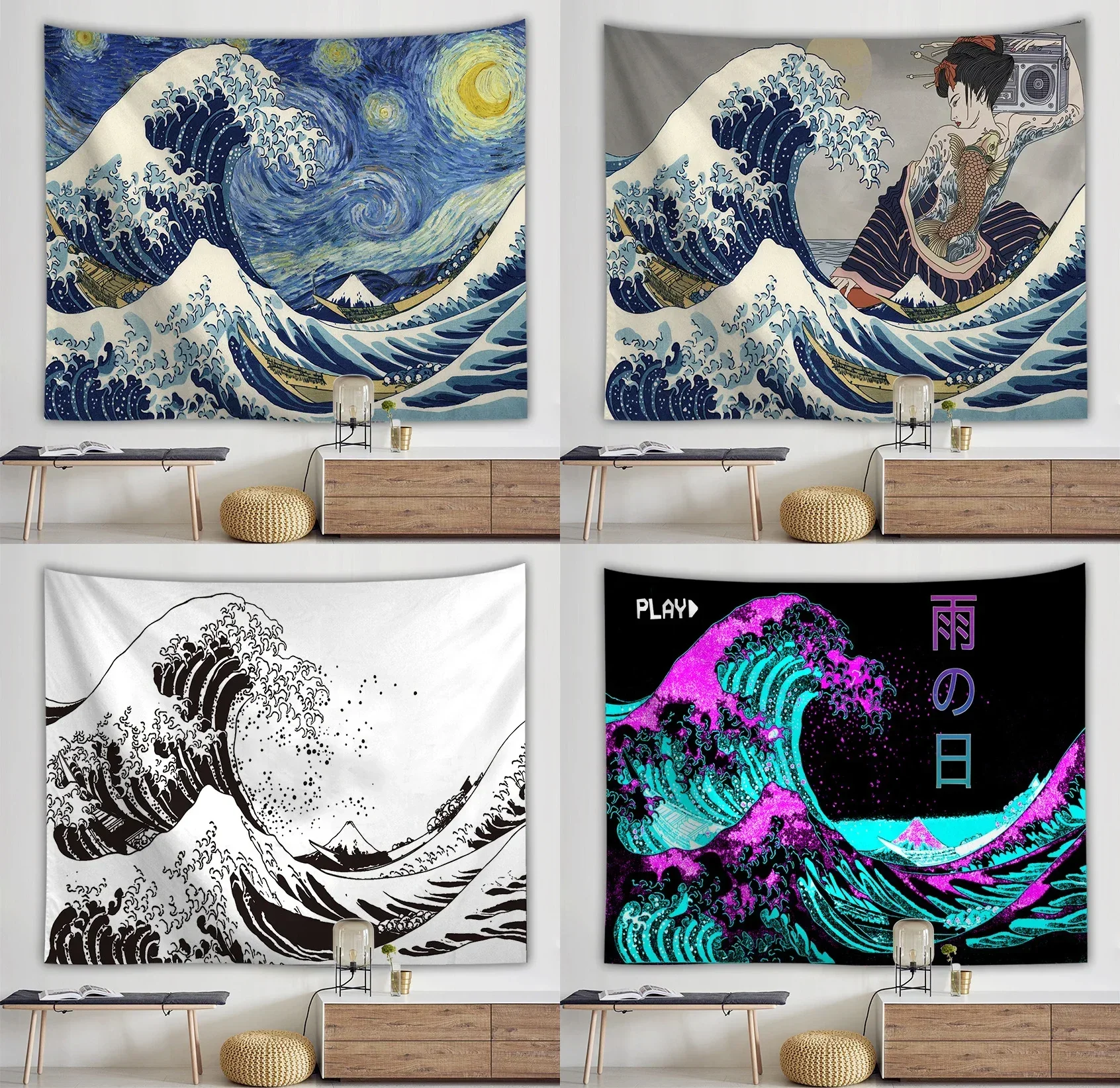 Japan Kanagawa Waves Printed Hanging Tapestry Whale Arowana Wall Hanging Tapestries Boho Bedspread Yoga Mat Blanket 200*148cm