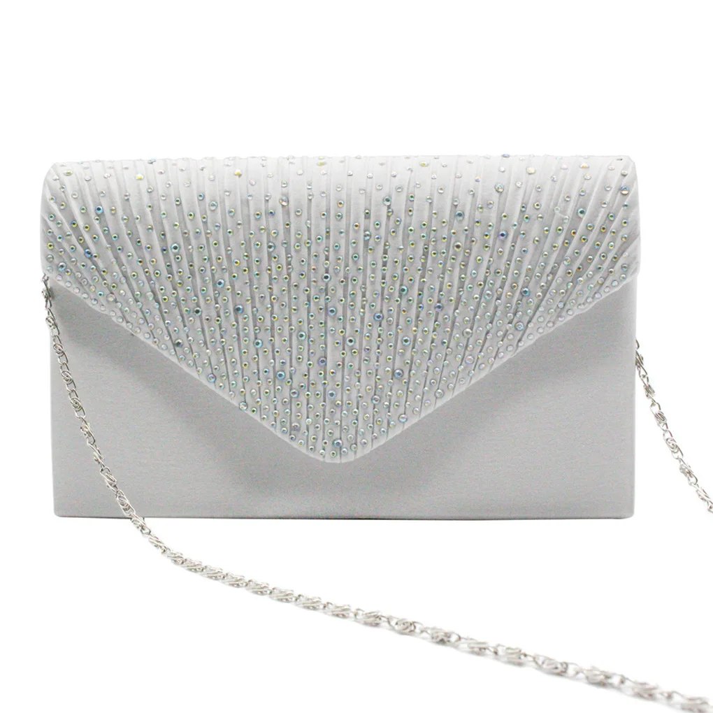 Polyester Women Envelope Bag Rectangular Rhinestone Replacement Stylish Solid Color Party Bridal Handbag White