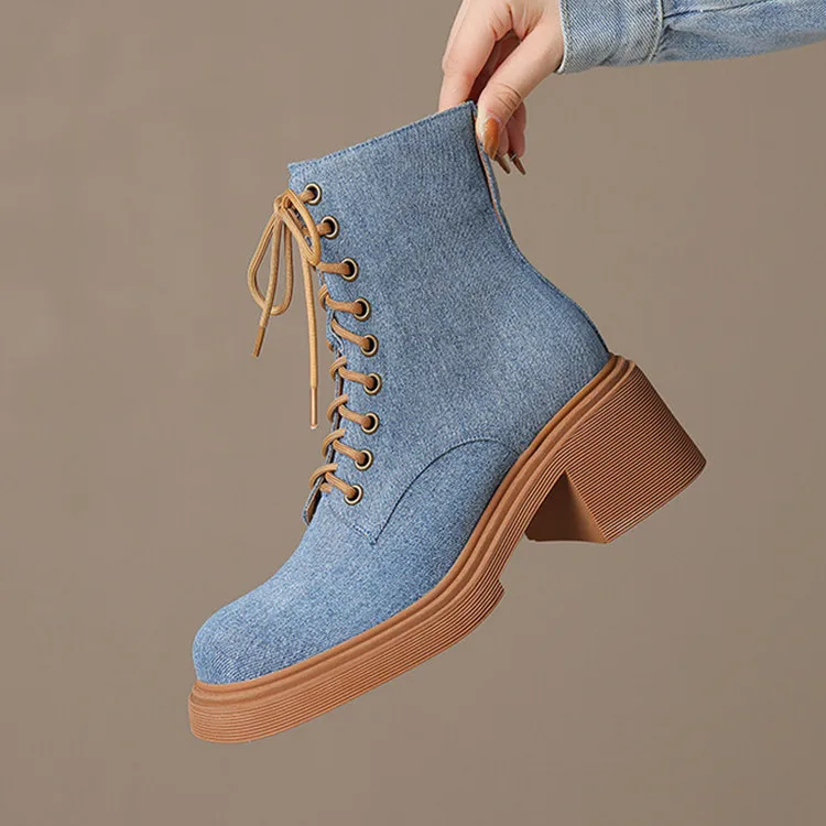 

2023Autumn New Boots Brown Platform Rubber Sole Riding Botas Blue Denim Lace Up Knight Botines Punk Black Leather Sapatos Femmes