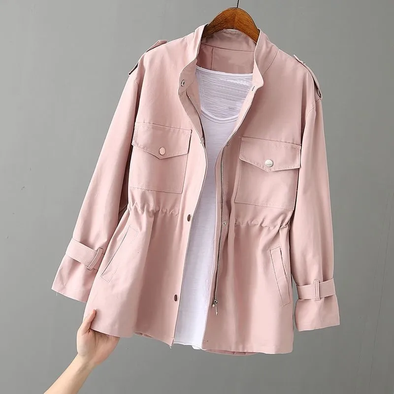 

Women's Windbreaker 2023 Autumn New Korean Wild Loose Stand-Collar Fashion Pink Jacket Female Student Windbreaker Coat Lining