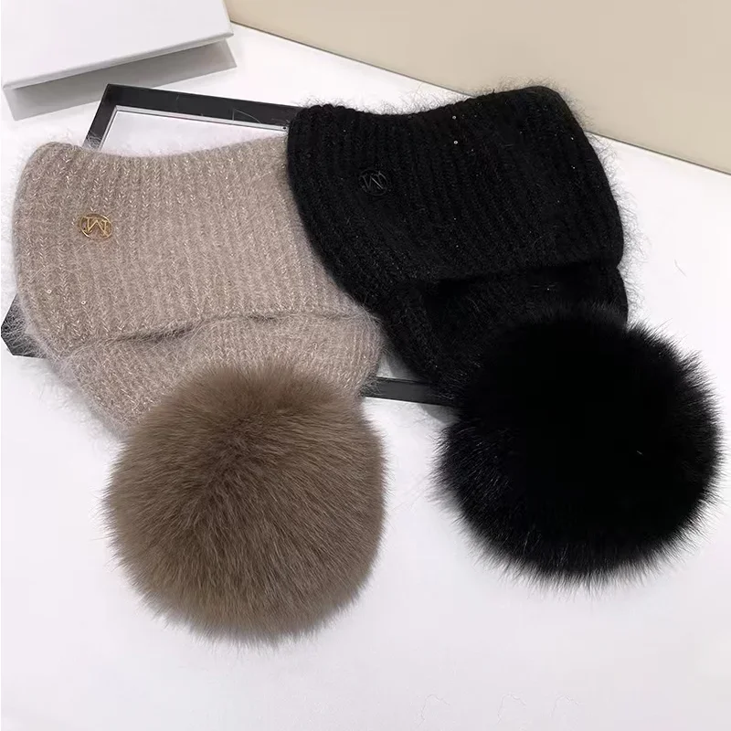 Real fox Fur Pom Poms Hat Women Outdoor Warm Skullies Beanie Winter  Hat for Women Rabbit Fur Knitted Hat Thick Cap Christmas 3