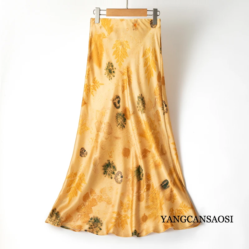 Light Luxury Temperament 100% Natural Mulberry Silk Plain Satin Elastic Waist Hip Wrap Versatile Women's Printed Fishtail Skirt