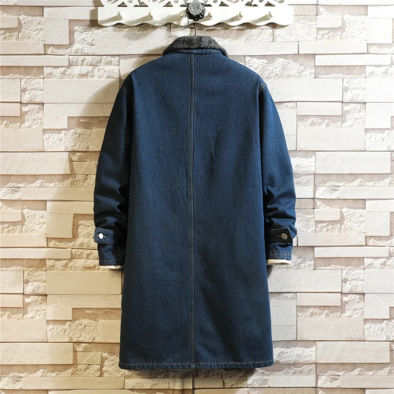 Men's Denim Trench Coat Mid-length Autumn-winter Retro Casual Loose Fleece Large Size Lapel Coat