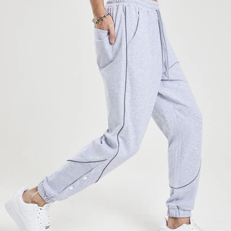 Grey American style sports pants with breasted reflective basketball pants Men's trendy basketball guard pants Loose casual trai