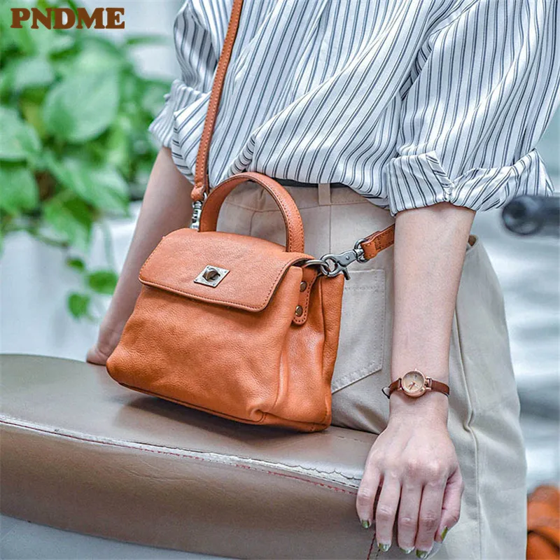 PNDME simple casual luxury genuine leather women's small crossbody bag  outdoor designer handmade real cowhide mini shoulder bag