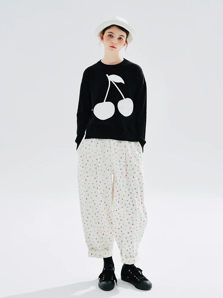 IMAKOKONI original design elastic waist floral casual pants pocket fashion nine minute long pants 234280