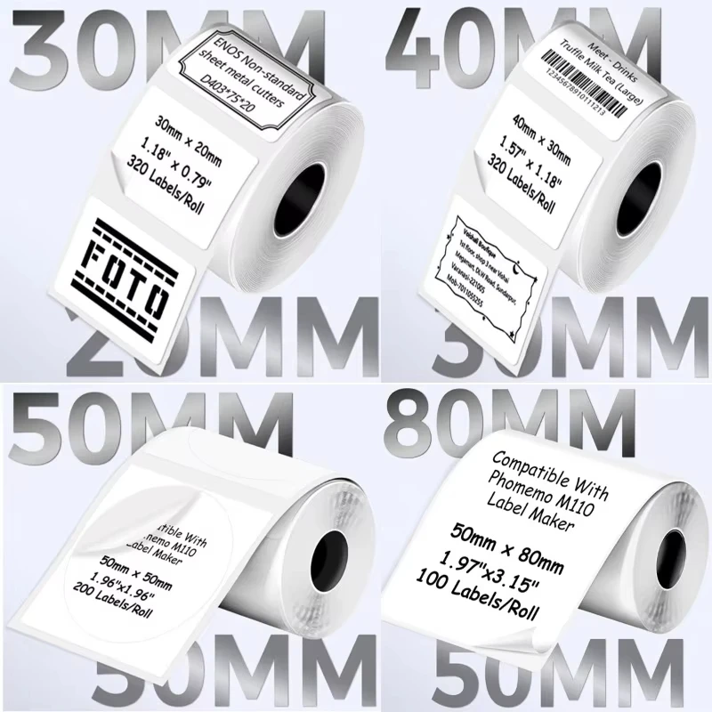 Thermal Label Sticker Compatible With Phomemo M110/M221/M220/M120/M200 Label Printer Multisize 30/40/50/80mm Black on White thermal paper printer sticker paper printing label sticker thermal printer paper