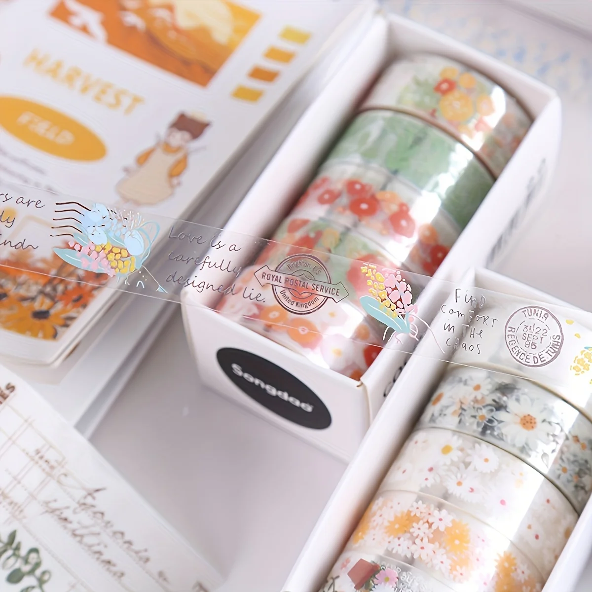 Vintage Flower Washi Tape 5 rolls/box small floral transparent PET material decorative tape must-have gift for friends