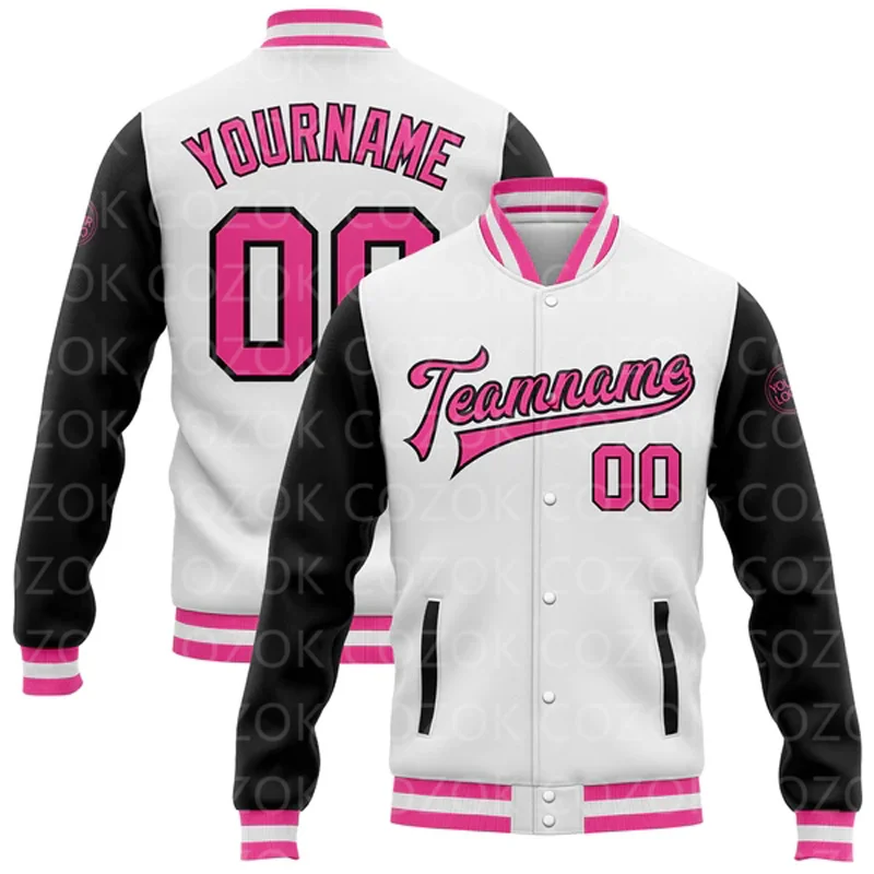 Custom White Pink 3D Printed Raglan Sleeve Baseball Button Jacket Bomber Full-Snap Varsity Letterman Jacket