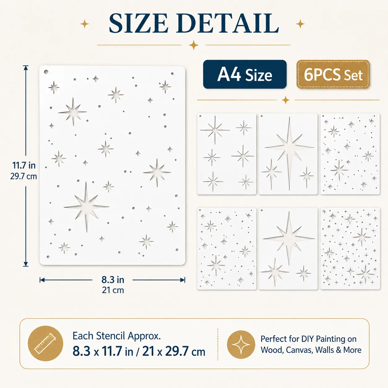 6PCS A4 스타 스텐실 세트 8.3 x 11.7인치 DIY 벽 목재 패브릭 캔버스 장 재사용 가능한 페인팅 템플릿