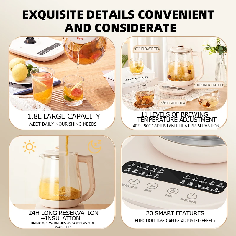 SUNATUR Kettles Electric Glass 220V Multifunction Health Pot Milk Fruit Tea Coffee Water 800W 24-hour Heat Preservation 4
