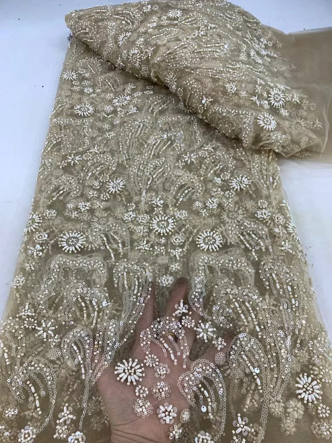 5yards African Nigerian Tulle Lace Fabric Sequins Sewing Guipure Beads Stone Embroidery Dresses High Quality 5Yards resses