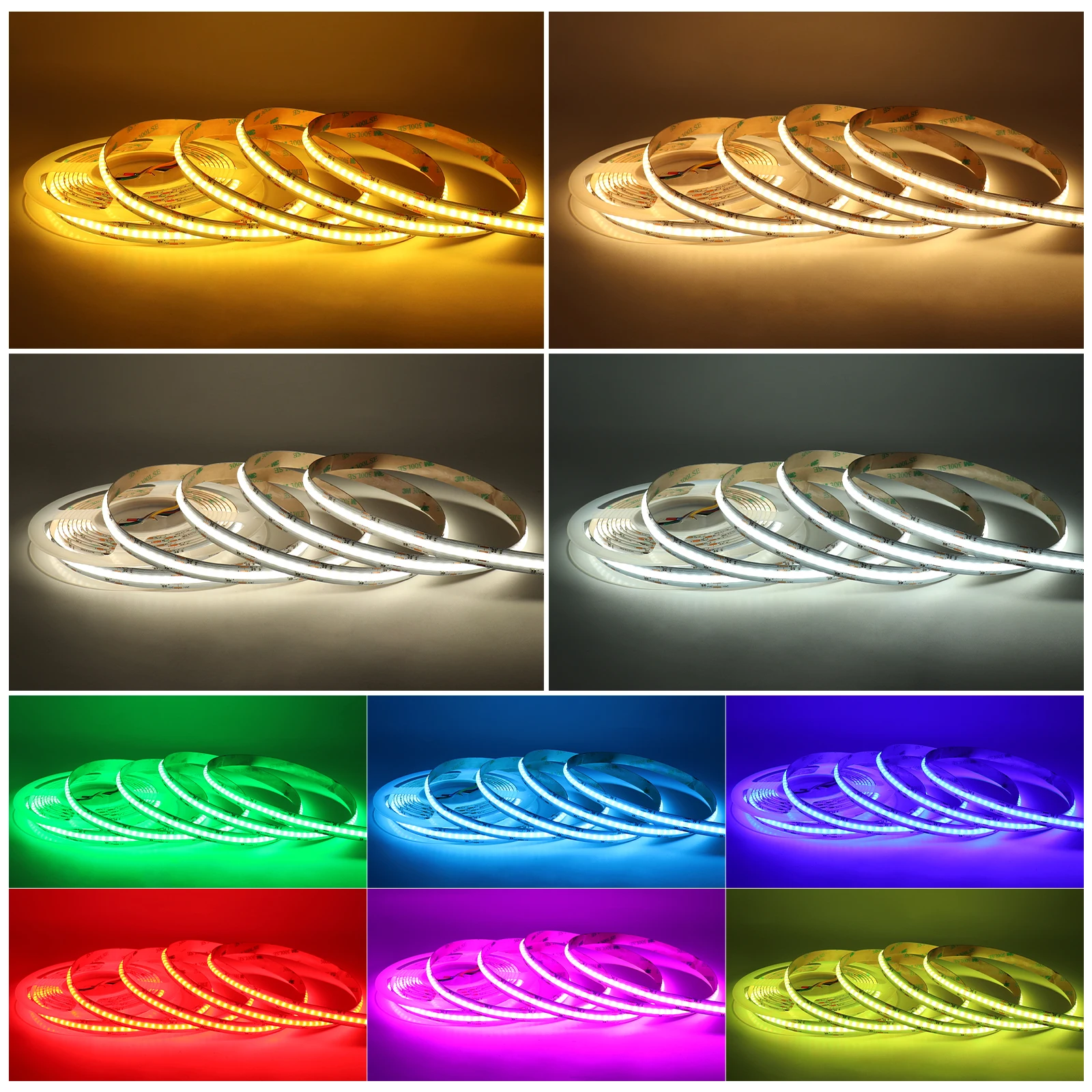 RGBCCT COB LED 스트립 빛 24V RGB 디밍이 가능한 유연한 빛 6Pin RGBCW WW LED 리본 12mm 선형 고밀도 LED 테이프 룸 장식