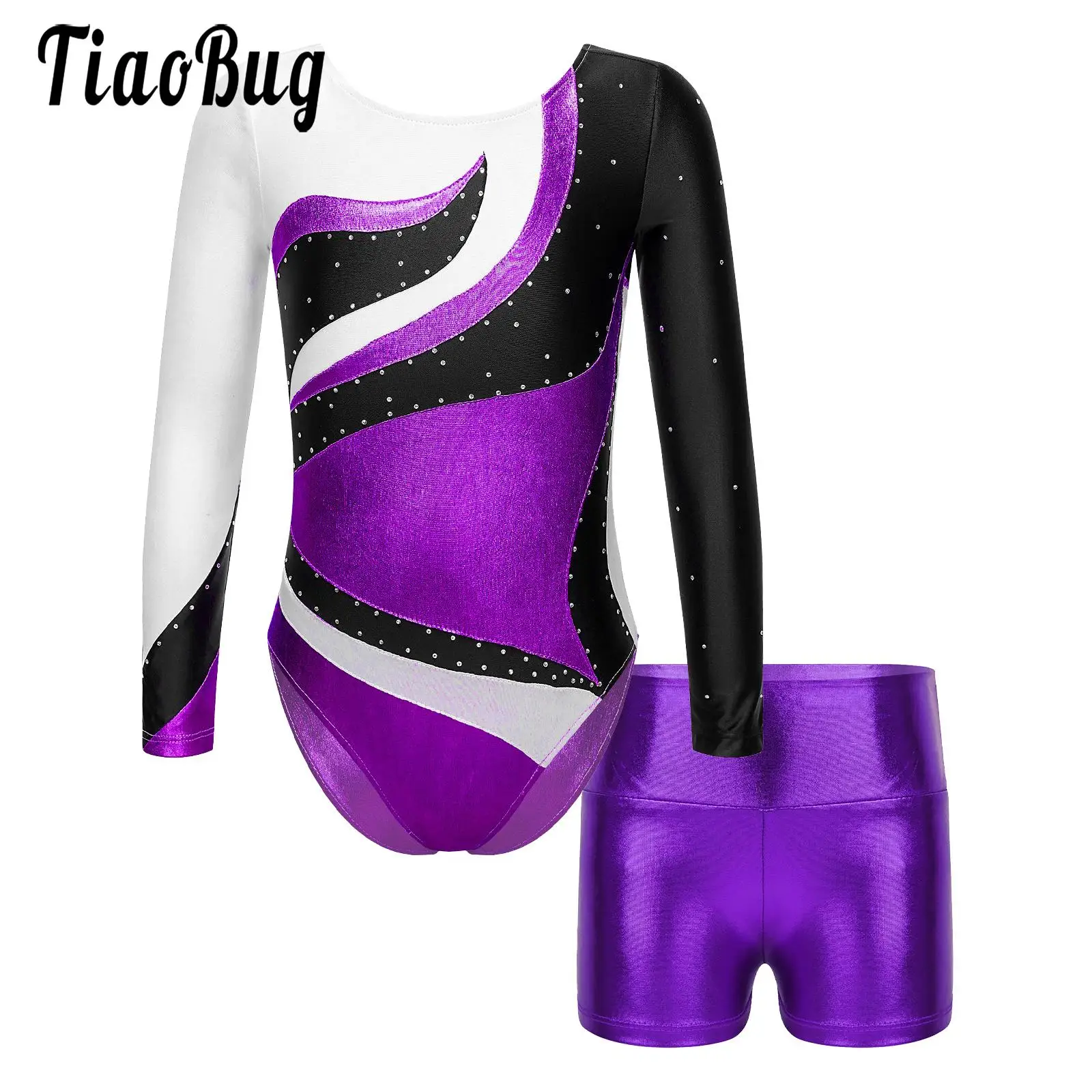 

Детское трико Стразы для девочек, гимнастическое боди с длинным рукавом, боди, шорты, комплект для тренировок, танцевальный костюм для катания на коньках