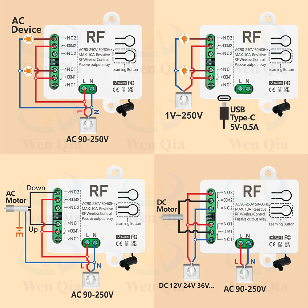 433MHz 범용 무선 원격 제어 스위치 2 채널, AC 110V 220V RF 릴레이 수신기, 조명/팬/모터/차고 문 오프너 등