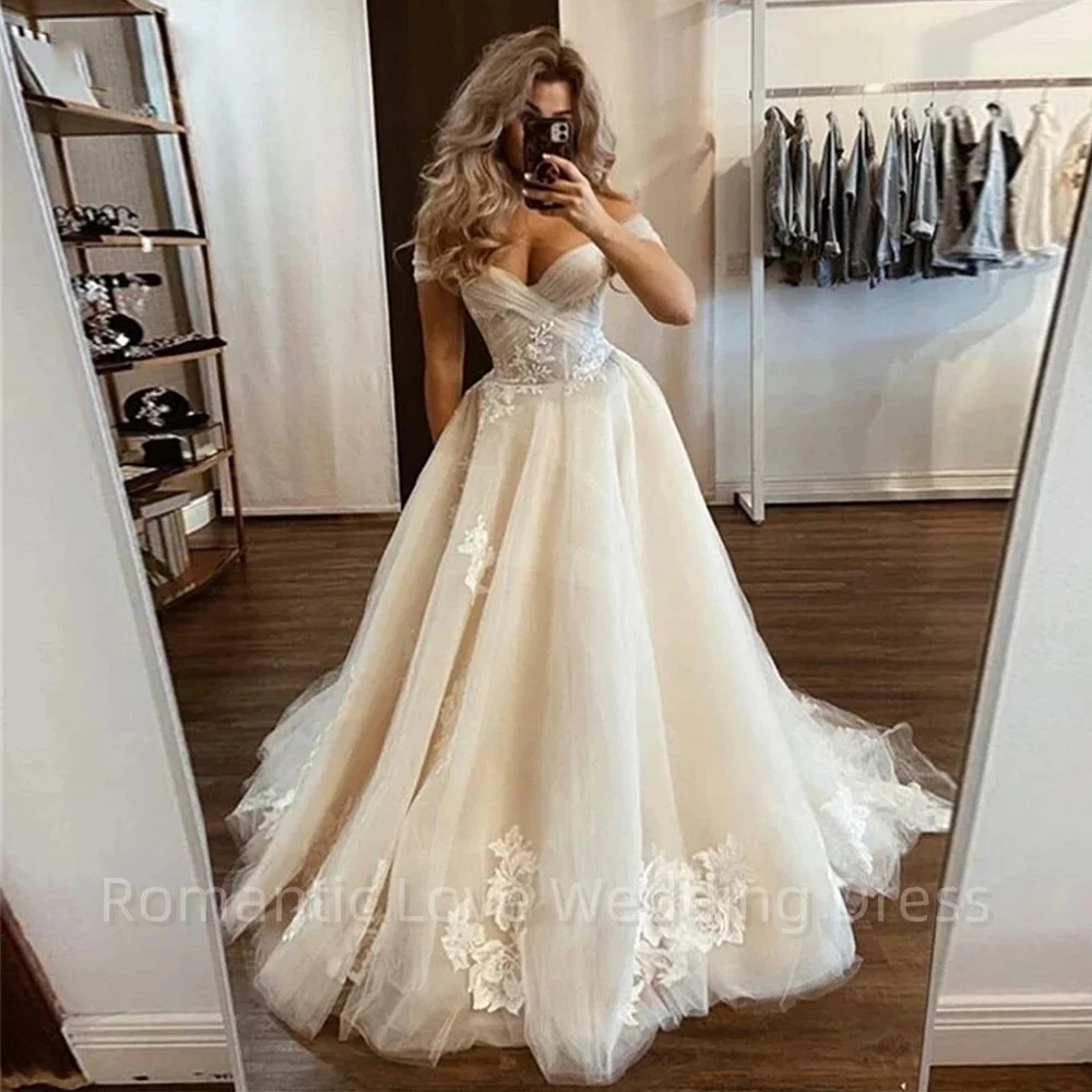 

Bohemian Wedding Dresses Sexy Off-the-Shoulder A-line Tulle Lace Applique Elegant Bridal Gown Robe Vestidos De Novia