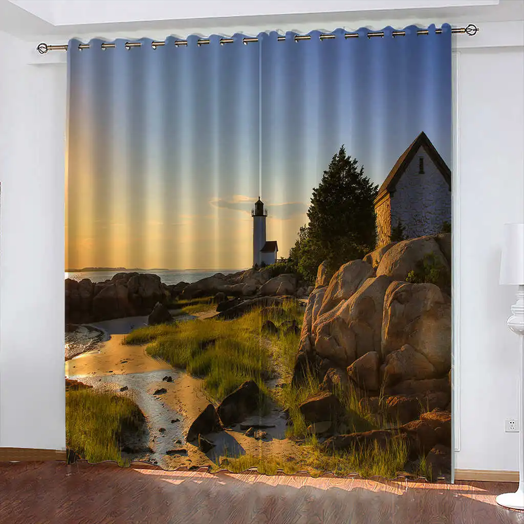 Cortinas opacas tejidas con estampado de Faro, Cortinas abiertas Para sala de estar y Cocina