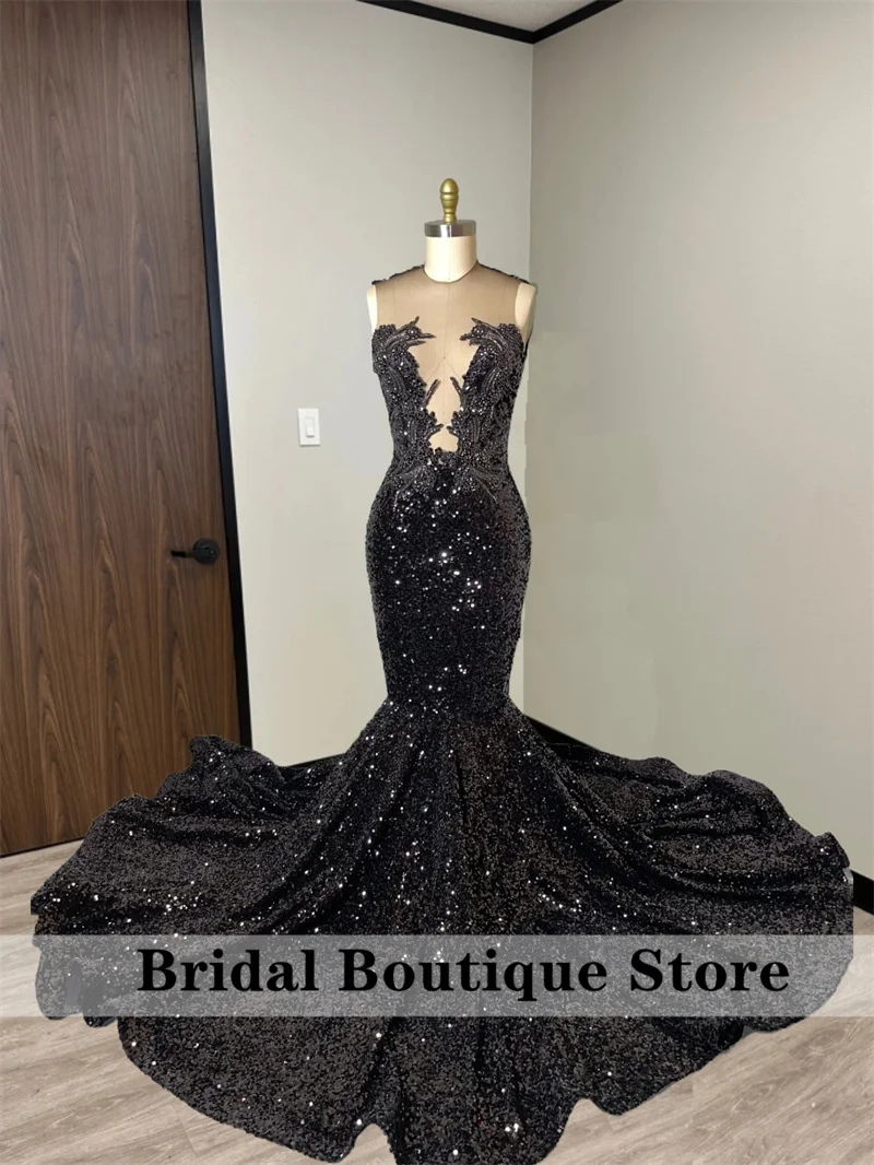 

Luxury Sparkly Black Diamonds Prom Dress 2024 Glitter Crystal Beads Rhinestones Sequins Gown Court Train Wedding Party