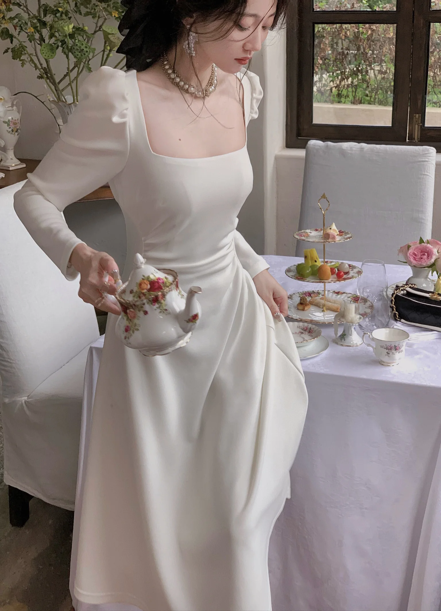 Spring New Elegant Square Collar Midi Party Dresses for Women Long Sleeve Black White Slim Vestidos Female High Waist Clothes