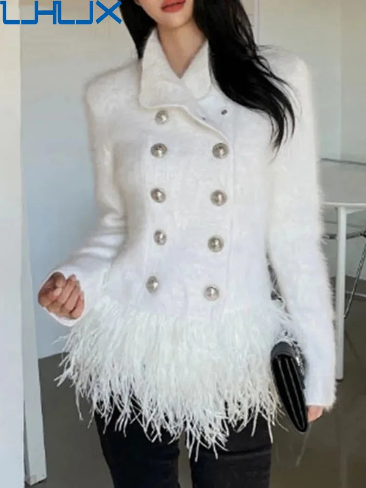 

LJHLJX Temperament Lapel Hem Feathers Patchwork Tassel Woolen Coats For Women 2024 Spring New Double Breasted Female Overcoat