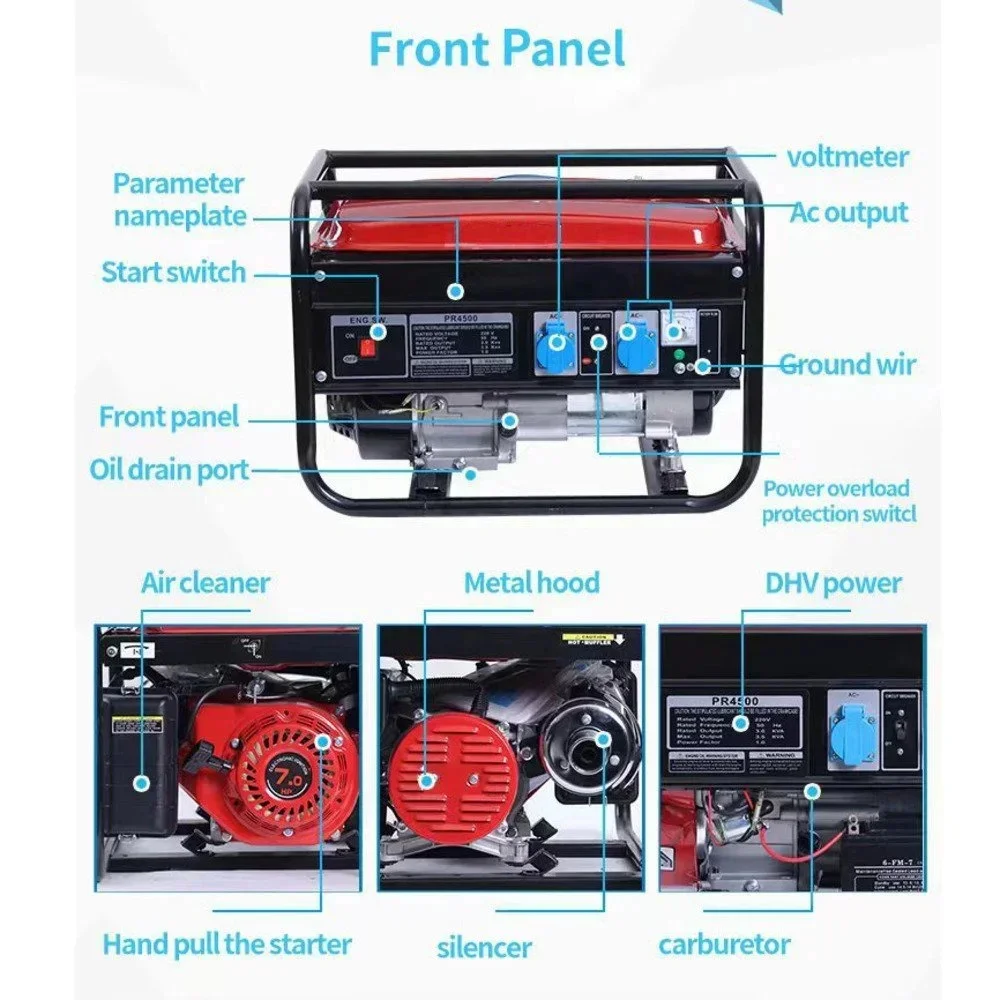 220V 5.5KW 15HP Household Outdoor Hand Start Gasoline Generator 1 cylinde 4 Stroke Generator Panel Dual Power Supply No Tire
