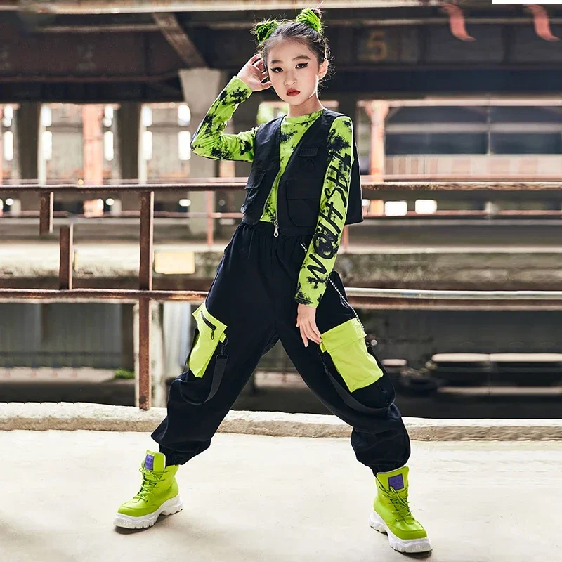 Girls Green Crop Tops Vest Cargo Pants Kids Catwalk Modern Jazz Performance Wear Stage Costume Hip Hop Dance Clothes