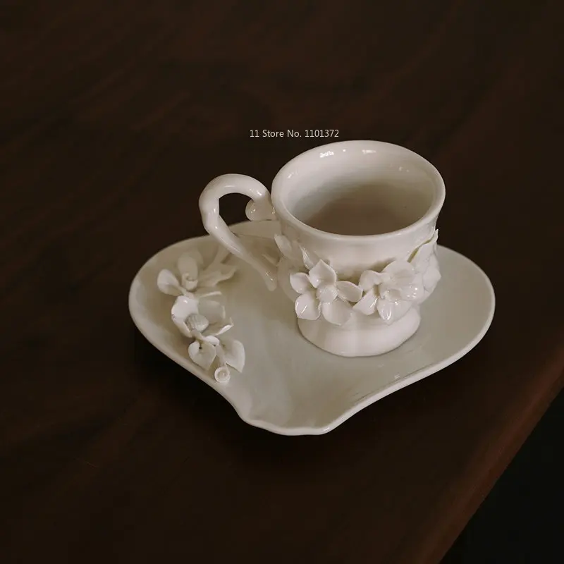 Ceramic Coffee Cup Saucer Set Flower Tea Cup Double Ear Small Tray Breakfast Heart Plate Mugs coffee cup saucer set,tiki mugs,flower coffee mug set