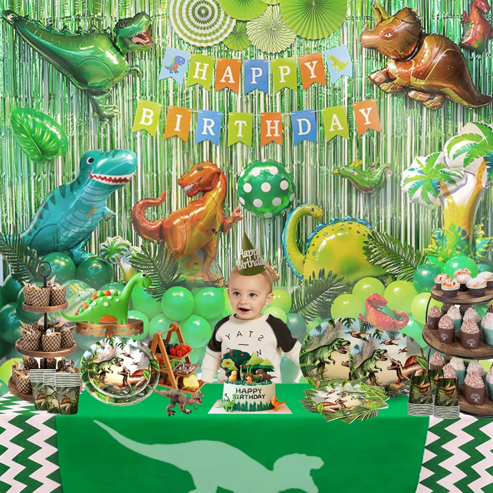 Dschungel Safari Dinosaurier Thema Einweg Geschirr 4d Dinosaurier Folie Ballon Servietten Tassen Jungen Geburtstag Glücklich Partei Dekoration – Detail 18