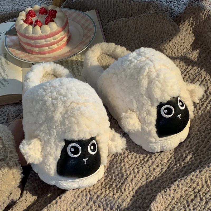 

Winter Fulffy Fur Slippers Men Plush Fleece Flat Slippers Sweet Thick Soled Indoor Cotton Slippers For Couple Home Mule Slides