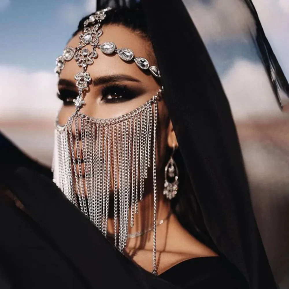 

Indian Women Crystal Bridal Long Tassel Veils Mask Rhinestone Flower Halloween Mask Cover Face Chain Jewelry Decoration Gift