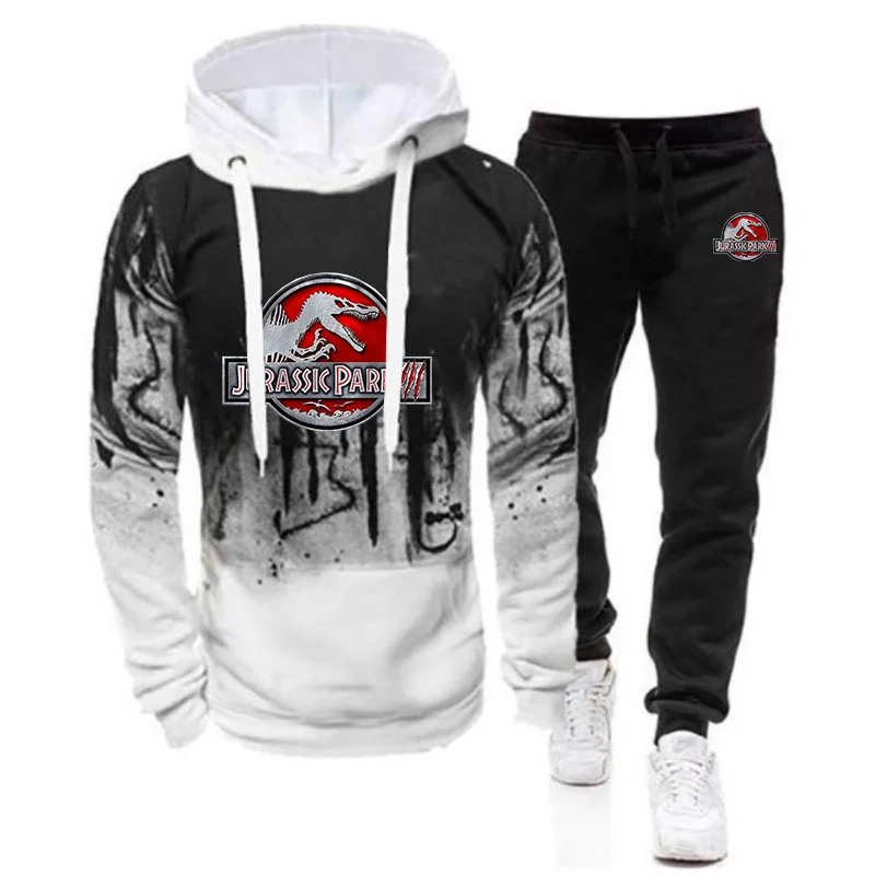 2023 New Men Jurassic Park Fashion Gradient Colour Hoodies Casual Comfortable Cotton Harajuku Tracksuit Tops Sweatpants Suit