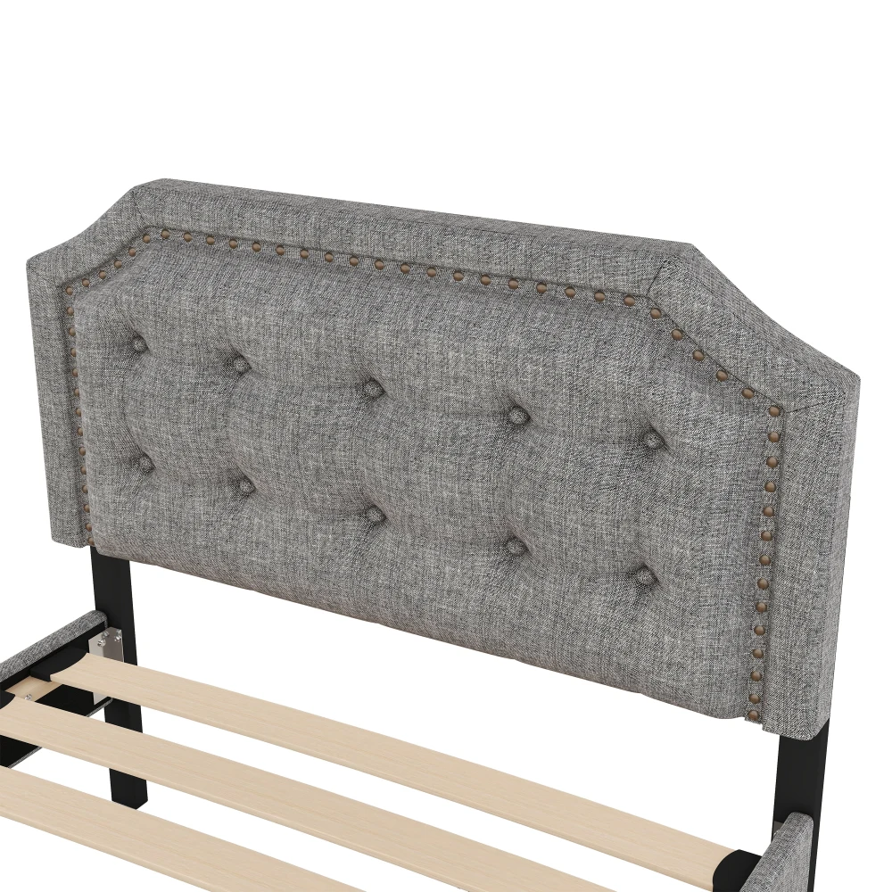 Elegantes gepolstertes Flachbett 90 x 200 cm – hellbeiges Bett mit Nietenverzierung, 2 Schubladen mit Stauraum, platzsparende Schlafzimmermöbel – Detail 33