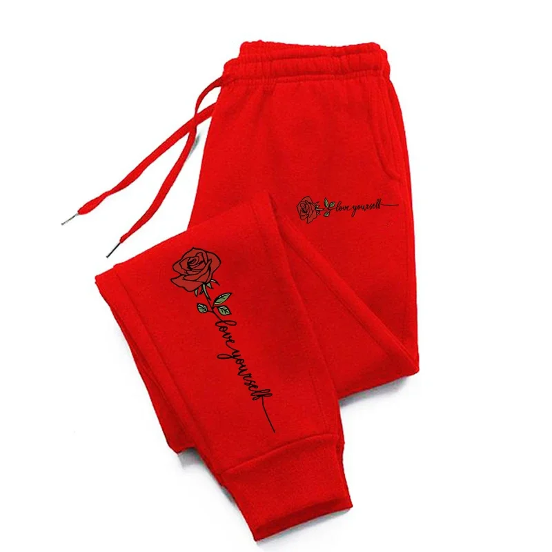 Rose Love Yourself Printing Casual Versatile Women Pants Trendy Hip Hop Trousers With Drawstring Pockets Comfy Sweatpants Female 3