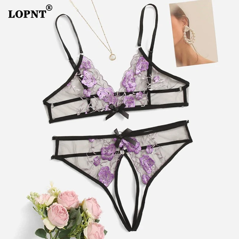

Lopnt New Sexy Erotic Lingerie Floral Embroiderd Bra Set Open Crotch Women Underwear Mesh Transparent Lingerie Crotchless Thong