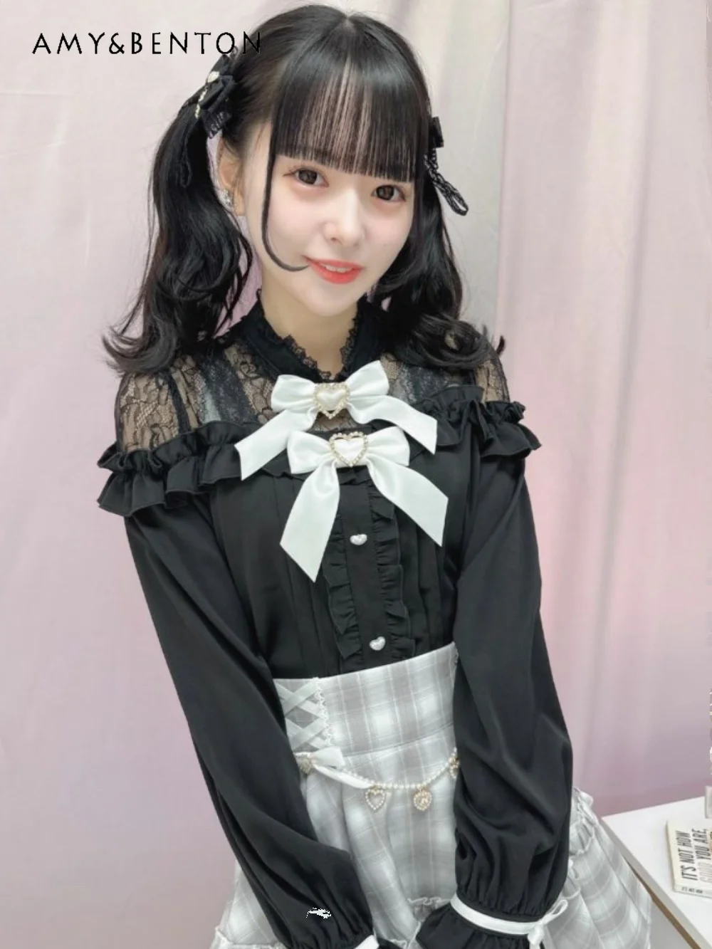 

Japanese Sweet Cute Heart Bow Off Shoulder Long Sleeve Liz Blouse Women Mine Mass-Produced Kawaii Slim Shirts Lolita Camisas