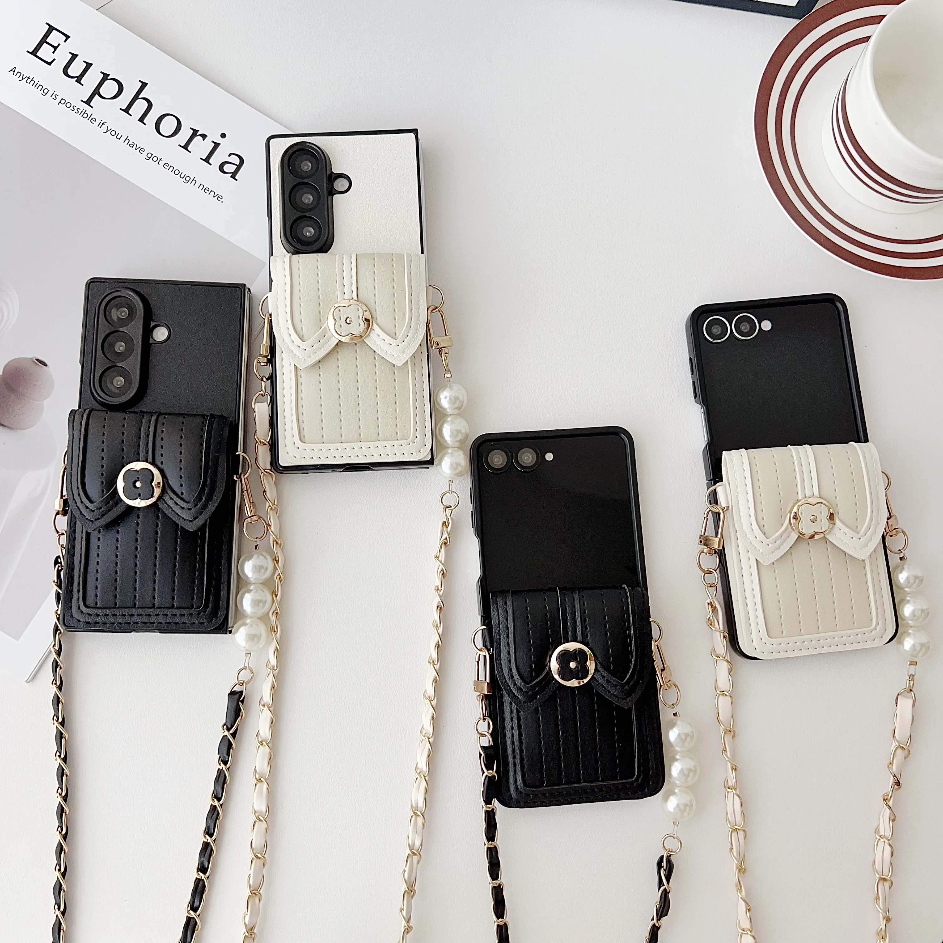 Luxury Pearl Rope Crossbody Leather Card Holder Case – High-End Protective Shell