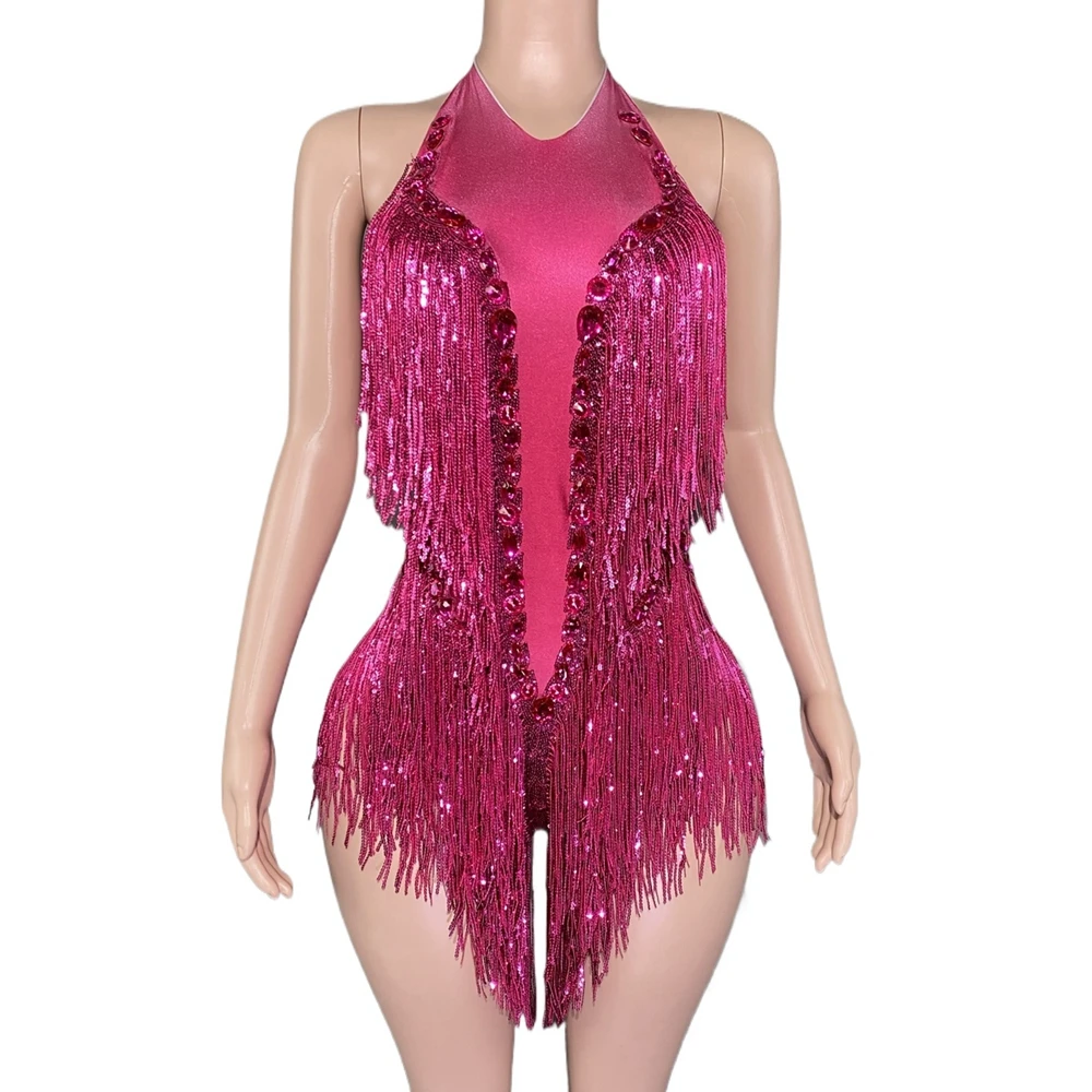 Sparkly Crystals Sequins Fringes Bodysuit For Women Sexy Backless Dance Costume Dancer Performance Show Stage Wear dance dress women costume set