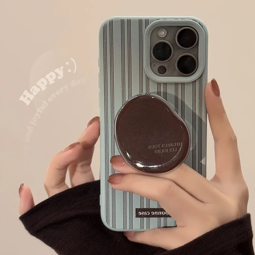 Vintage Blue Phone Case with Brown Vertical Stripes and Coffee Bean Holder