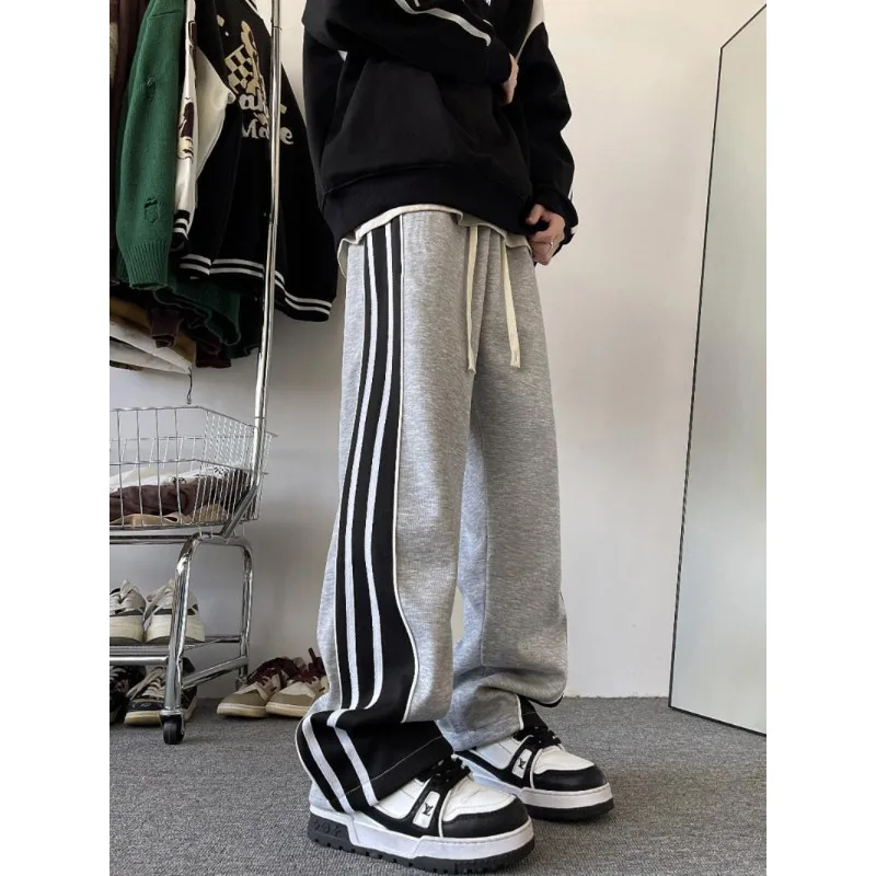 

QWEEK Harajuku полосатые спортивные брюки женские серые мешковатые корейские модные Лоскутные Спортивные брюки Черная уличная одежда винтажные повседневные брюки