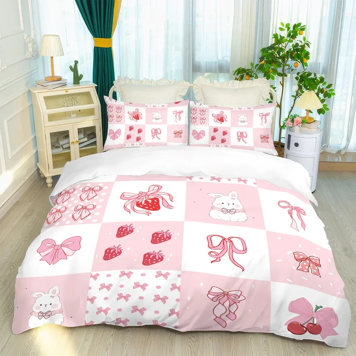 Pink rabbit bow bedding set strawberry print (1 set +2 pillowcases, no core), bedding, various size to meet different needs