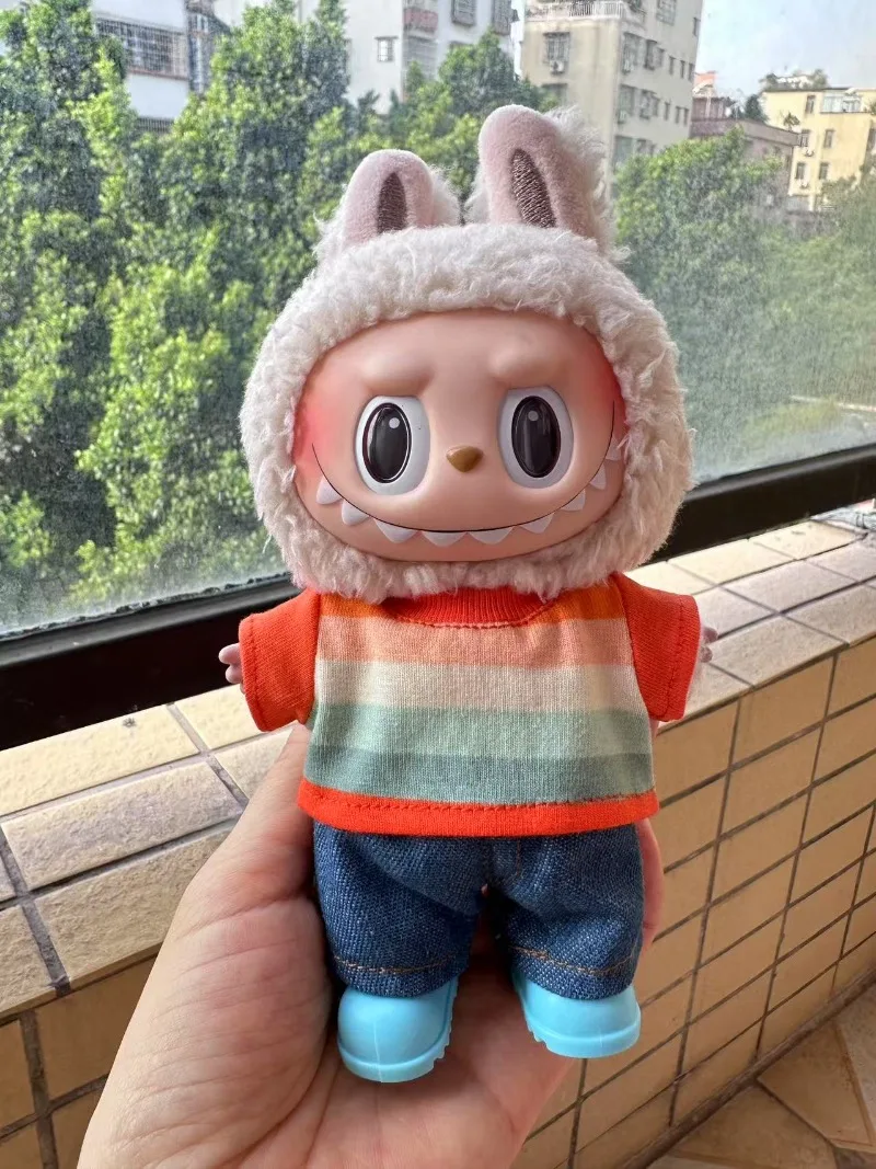 Clothes For Labubu 17cm Dolls The Monster Outfit Accessories Gifts Colorful Stripe T-shirt 1st & 2nd Gen Blind Box Accessories