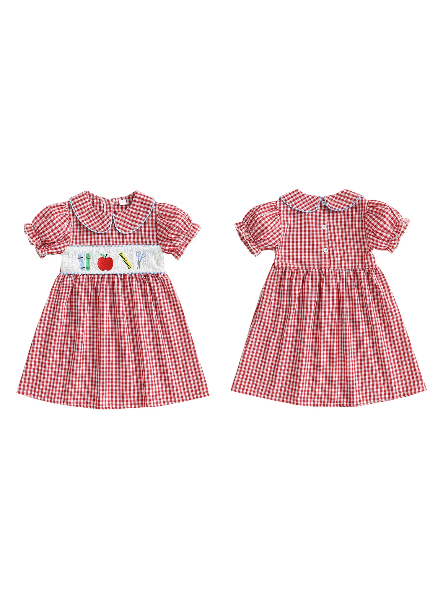 Kleines Mädchen-Kleid für den Schulanfang, A-Linie, lockere Passform, besticktes kariertes Puppenkragen-Blasen-Kurzarmkleid für den Sommer – Detail 1