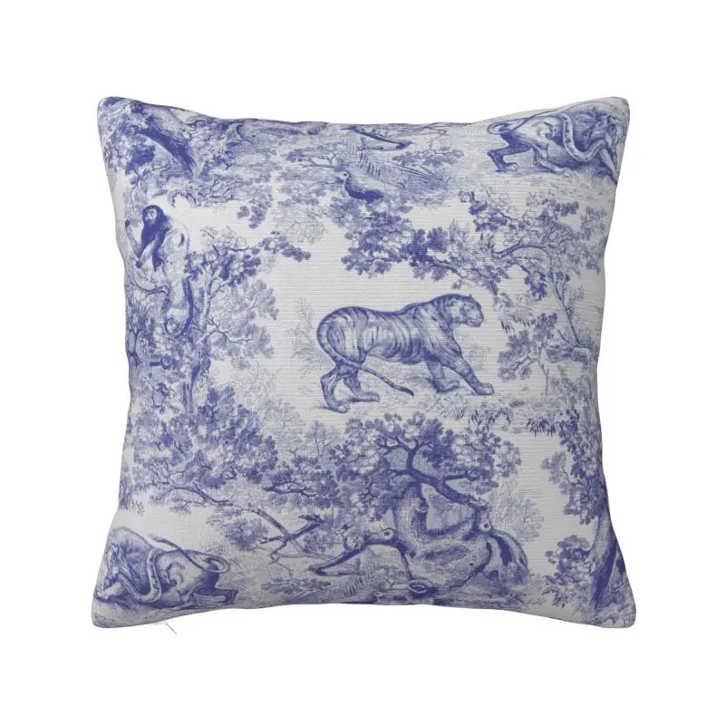 

French Toile De Jouy Navy Blue Motif Pattern Pillow for Living Room Animal Forest Floral Art Modern Cushion Cover Pillowcase