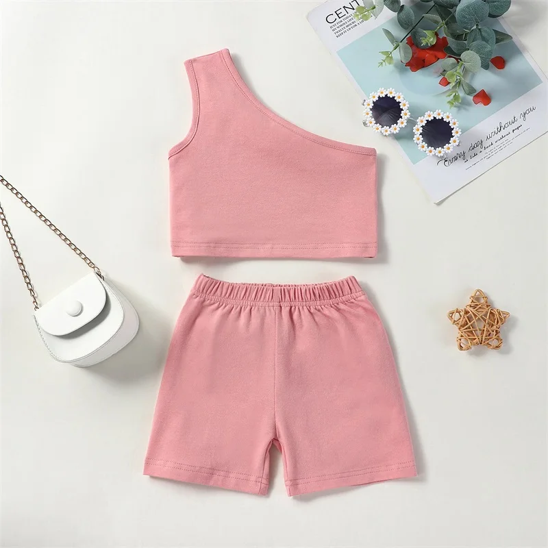 New Fashion 2PCS Baby Girls Summer Outfits One Shoulder Sleeveless Tank Tops + Shorts Set Toddler Clothes 6 Months-4 Years