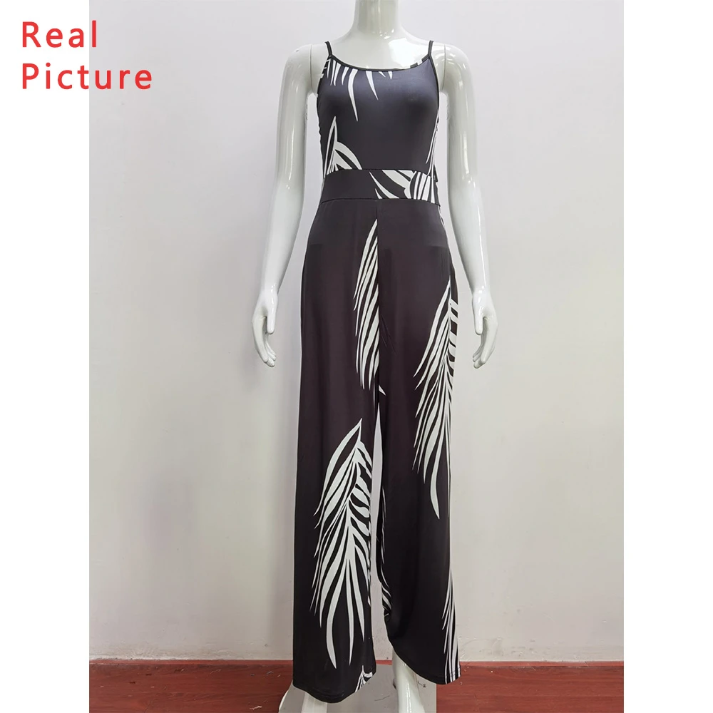 Women Indie 90s Aesthetic Fashion Jumpsuit Leaf Printed Women Straped Sleeveless Backless Long Jumpsuits Boho One Piece Outfit