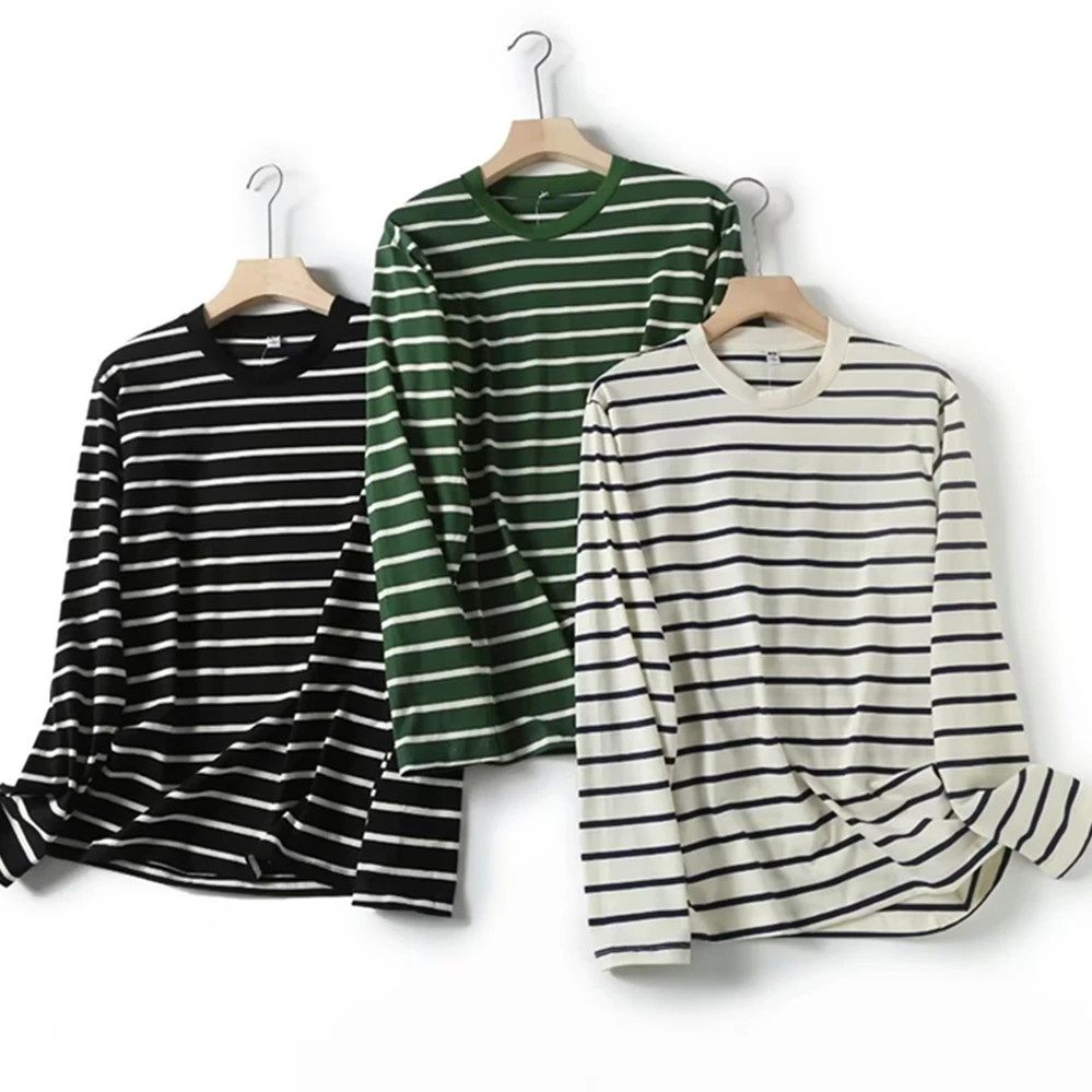 

Jenny&Dave Fashion Simple Long Sleeve T-Shirt Cotton Round Neck Striped Casual Basic T-Shirt Tops Lovers S-XL