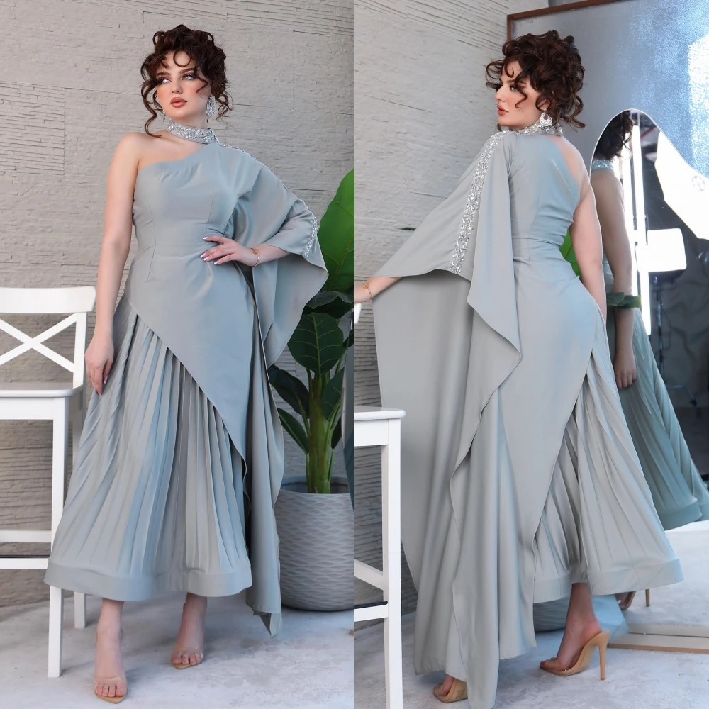 prom dress saudi arabia satin beading draped prom a line one shoulder bespoke occasion dresses ankle length Prom Dress Saudi Arabia Satin Beading Draped Evening A-line High Collar Bespoke Occasion Dresses Ankle-Length