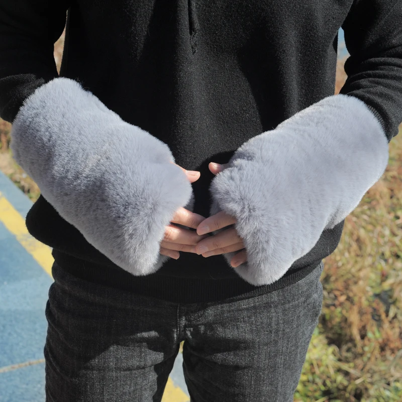 Half Finger Gloves Adult Style Solid Color Thick Warm Imitation Fur Rabbit Fur Student Autumn and Winter Cute Plush Long Sleeve