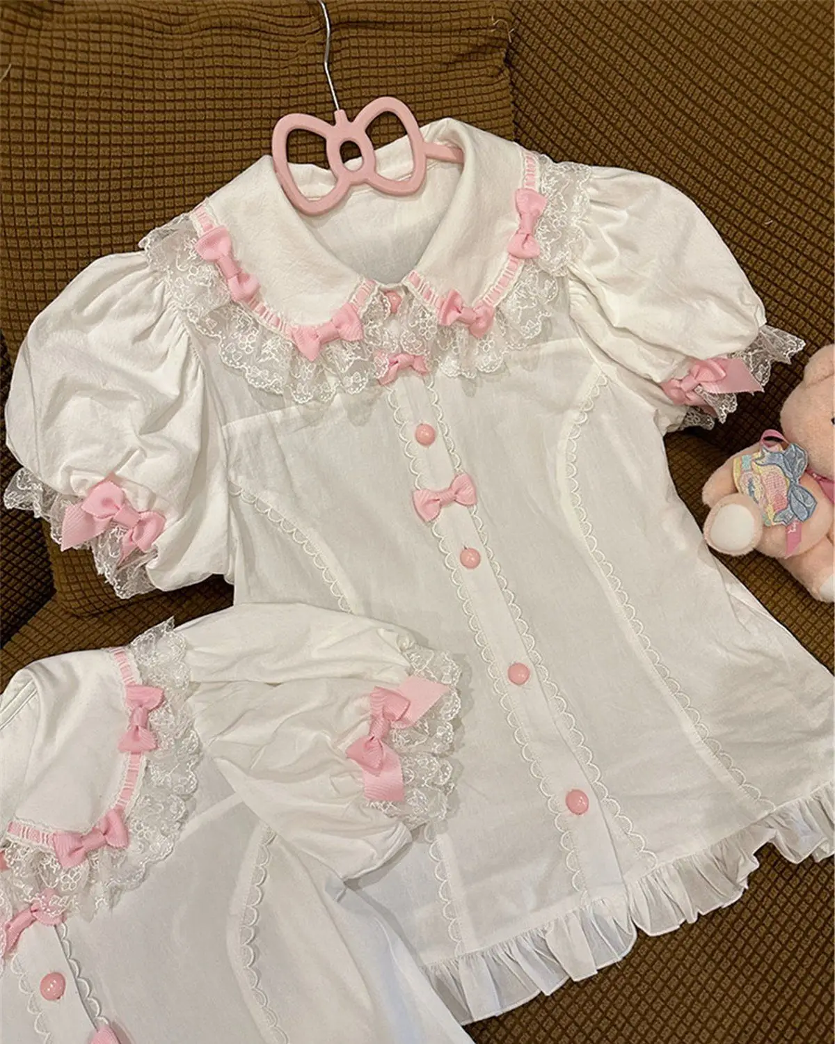 Japanese Lolita Blouses Women Peter Pan Collar Summer Shirt Tops Girls Puff Sleeve Blouse